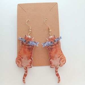 Fashion Jewelry Orange Cat Earrings with Fish